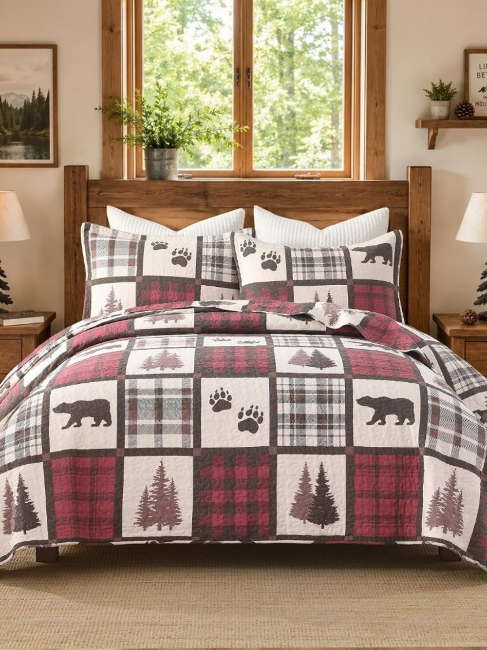 100% Cotton Rustic Cabin Queen Quilt Set Bear Plaid Burgundy 3Pcs